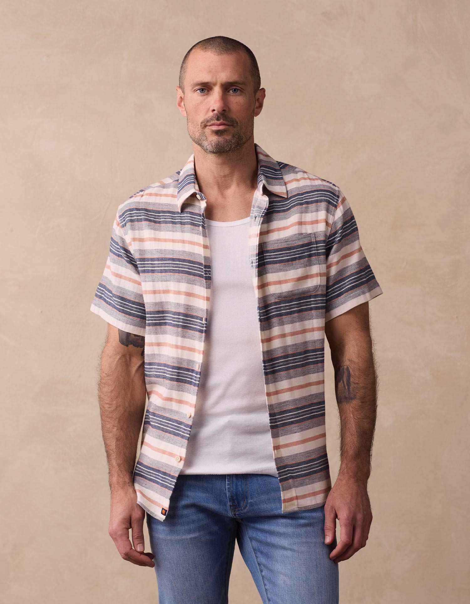 Freshwater Short Sleeve Button Up Shirt in Adobe Rose Stripe