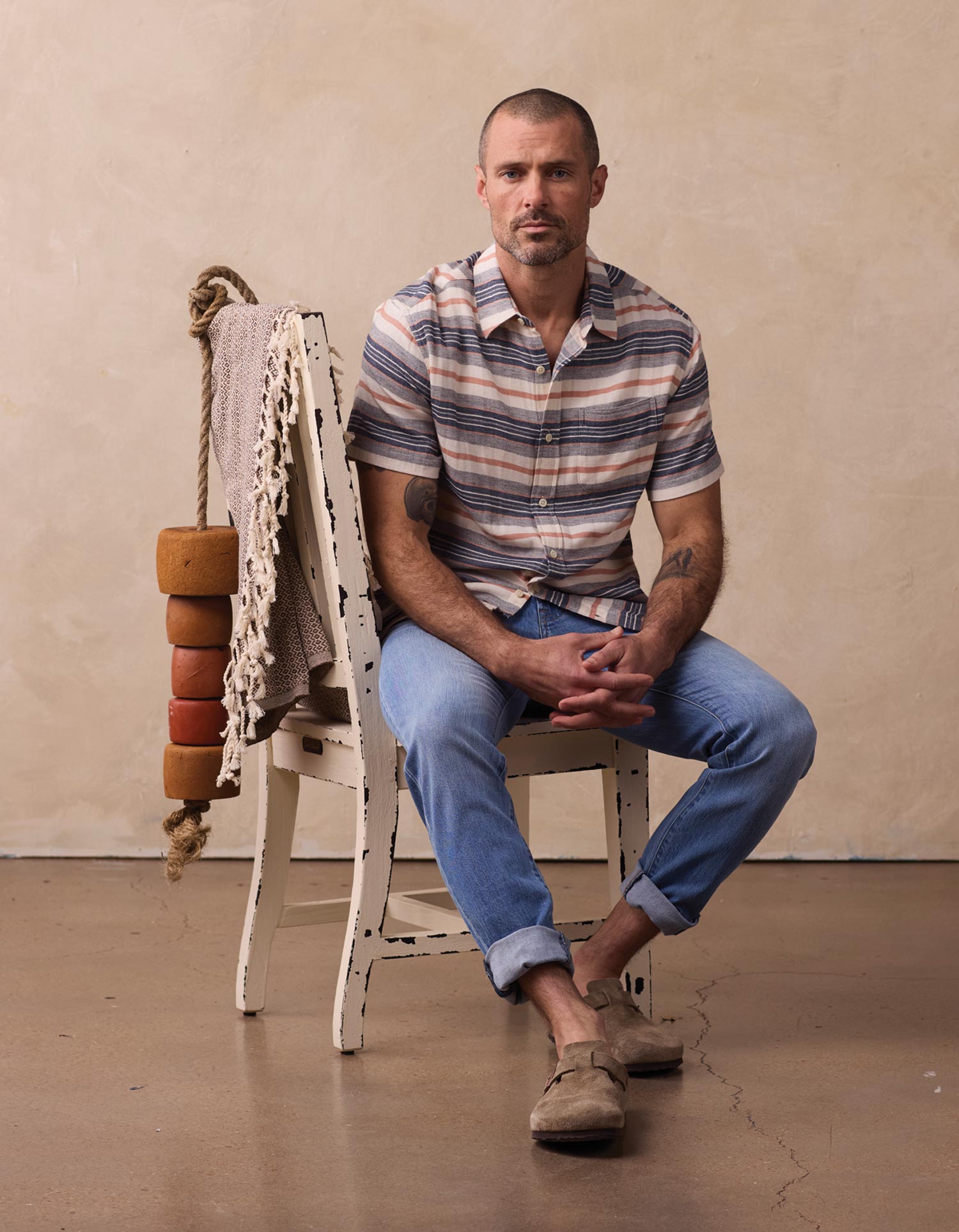 Freshwater Short Sleeve Button Up Shirt in Adobe Rose Stripe