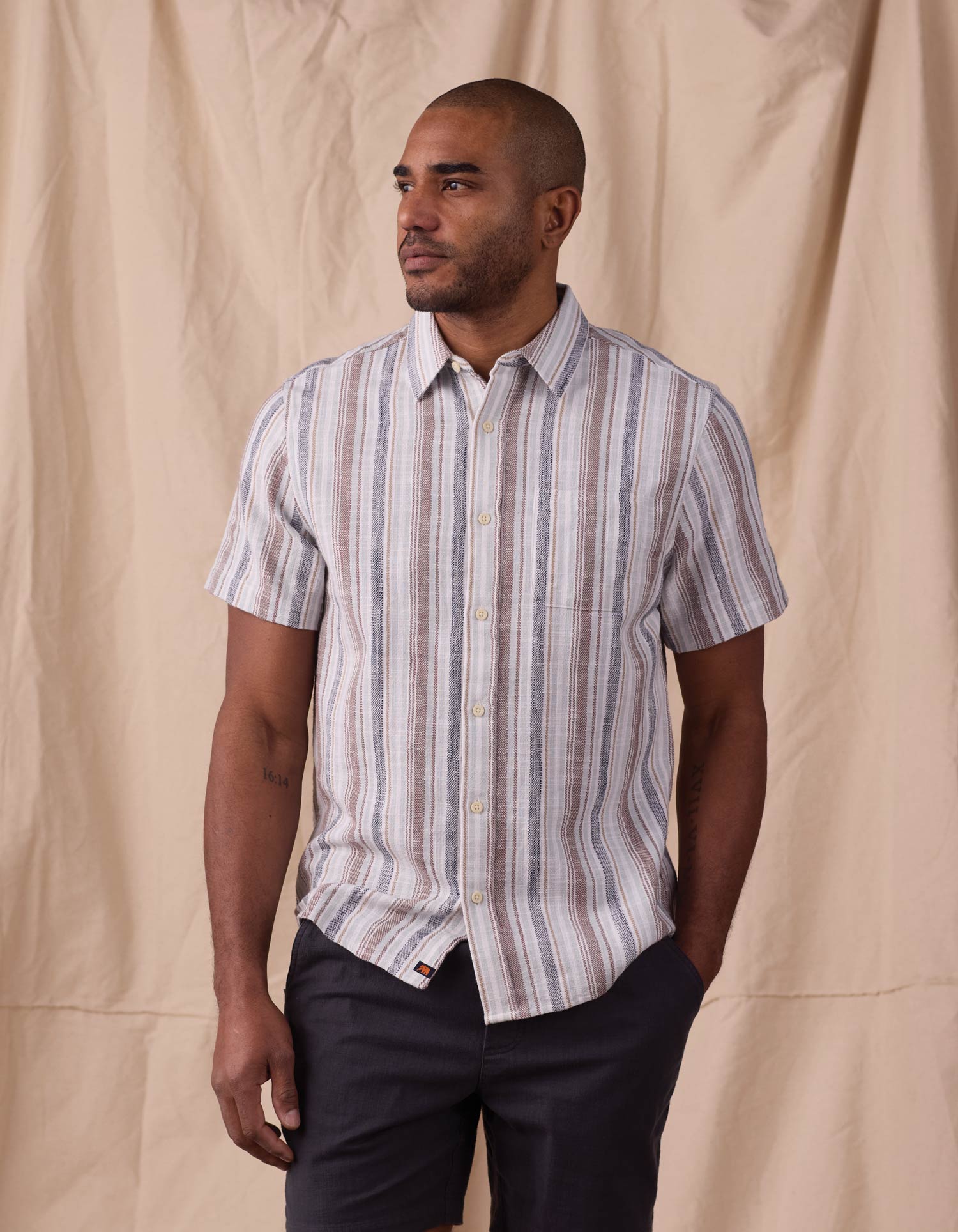 Freshwater Short Sleeve Button Up Shirt in Misty Harbor Stripe