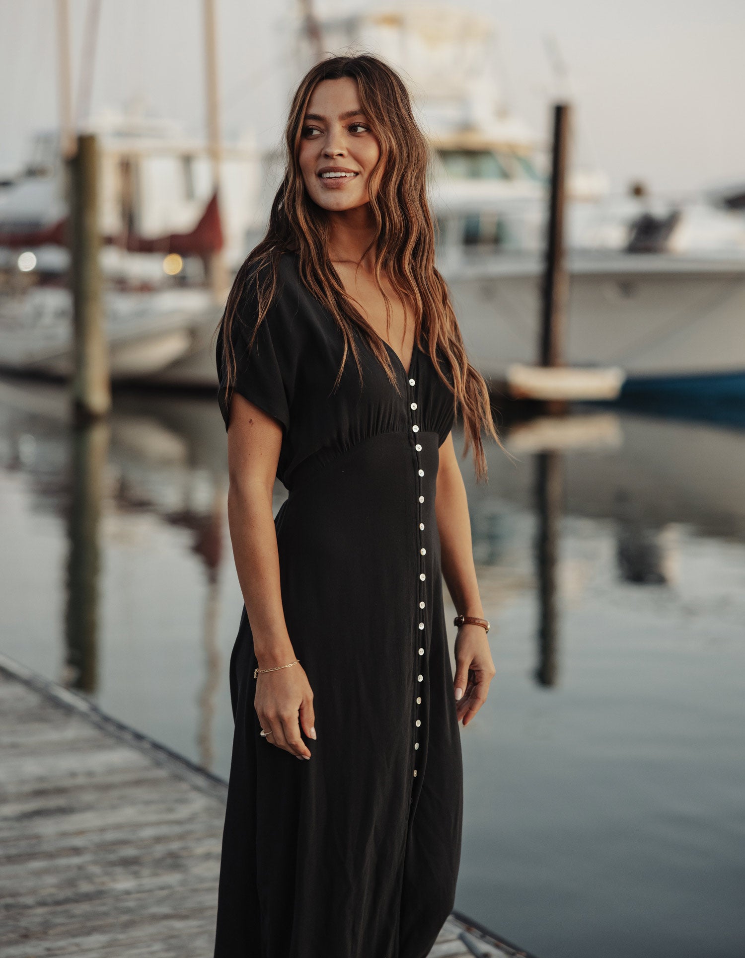 Aria Crepe Button Thru Maxi Dress in Black